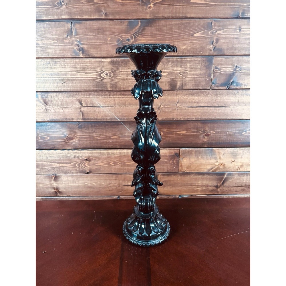 Ornate Black Vintage 17" Gothic Candlestick Holder Heavy Baroque Plaster Stand